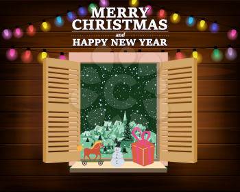 Merry Chrismas window, night, decoraions garland retro, view from the window to the night landscape, retro toys, christmas tree. Xmas and new Year holiday celebration. Vector illustration flat cartoon style isolated