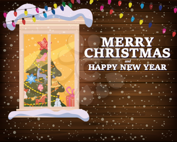 Chrismas window, night, decoraions garland retro, living room christmas tree. Xmas and new Year holiday celebration. Vector illustration flat cartoon style isolated