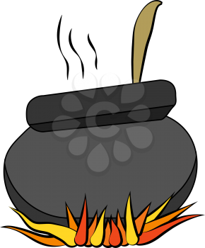 A steaming black colored witch cauldron with brown ladle on fire depicting a common decoration during halloween vector color drawing or illustration 