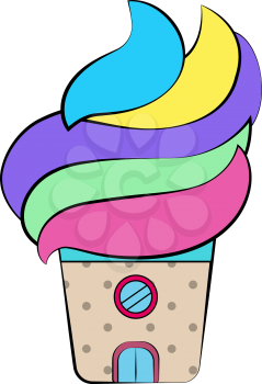 A colorful house or shop in the shape of ice cream with a door and round window depicts it as a ice-cream shop vector color drawing or illustration 