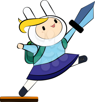 A knight kid in blue uniform with yellow hair and a bag pack is holding sword high in her hand vector color drawing or illustration 
