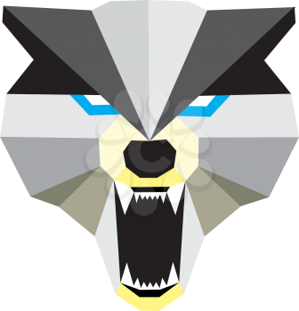Scary face of a howling wolf in black & grey with blue eyes and canine teeth vector color drawing or illustration 