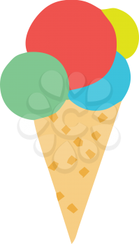 An ice-cream cone with four scoops of different flavors of redgreenyellow & blue color vector color drawing or illustration 