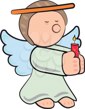 An angel in light blue dress with nimbus in her head holding a burring candle with her both hands vector color drawing or illustration 