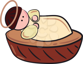 Birth of baby Jesus in a basket with a glowing golden nimbus above his head vector color drawing or illustration 