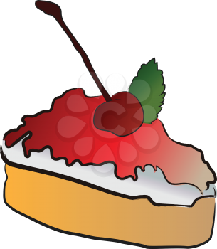 A piece of cake with white red frosting & a cherry on the top vector color drawing or illustration 