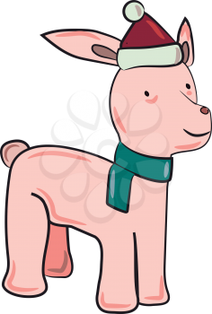 A little calf in festive costume of red hat & green scarf vector color drawing or illustration 