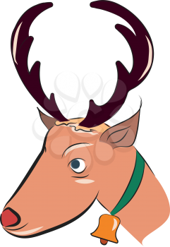 A Christmas reindeer with a golden bell and green ribbon in the neck vector color drawing or illustration 
