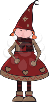 A doll with its big red hat is wearing a red dress for the Christmas vector color drawing or illustration 