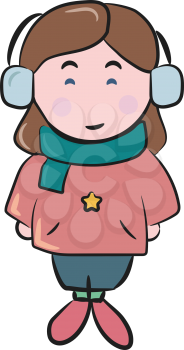 A girl dressed in warm Christmas themed pink sweater & blue scarf vector color drawing or illustration 