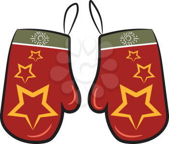 Pair of red & golden Christmas decorative gloves vector color drawing or illustration 