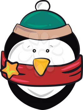 Penguin dressed in festive theme with red scarf & green cap vector color drawing or illustration 