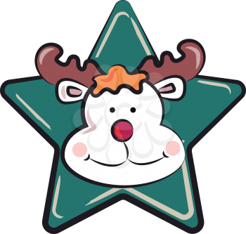 Red nosed reindeer on a blue star for Christmas decoration vector color drawing or illustration 