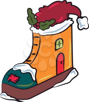 A decorative piece of high ankle show house with Santa hat & green wreath vector color drawing or illustration 