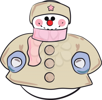 A snowman in warm winter cloth of grey jacket and pink scarf vector color drawing or illustration 