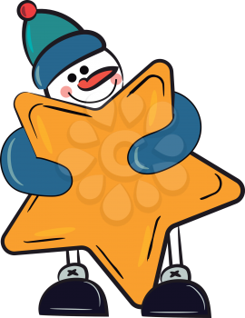 Snowman with blue cap is holding a big golden star with his arms vector color drawing or illustration 