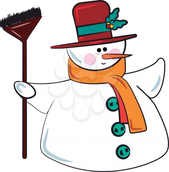 A snowman with red hat & brown long brush in its hand vector color drawing or illustration 