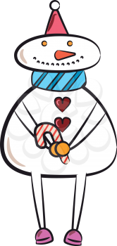 A snowman with blue scarf pink socks is holding sugar candy stick in hand vector color drawing or illustration 