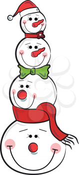 Four snowmen decked up one over other during Christmas decoration vector color drawing or illustration 
