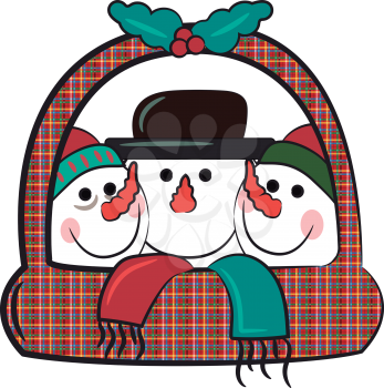 Three snowmen arrangement in a beautiful Christmas decoration basket vector color drawing or illustration 