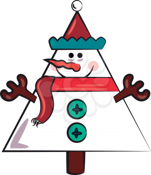 Tree shaped snowman with red scarf & cap during Christmas decoration vector color drawing or illustration 