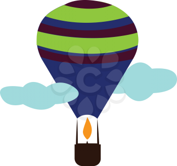 Hot air balloon with a brown basket and blue green and purple balloon vector illustration on white background.