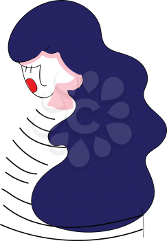 Girl with long dark blue hair and red lips vector illustration on white background.