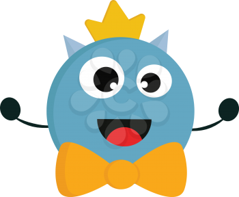 Smiling blue monster with yellow bow tie and golden crown vector illustration on white background.