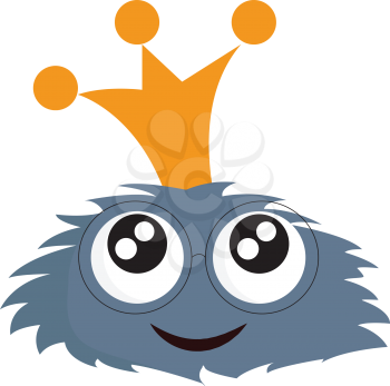 Smiling blue furry monster with eyeglasses and golden crown vector illustration on white background.