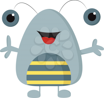 Happy light grey monster with arms wide open and grey and yellow stripes vector illustration on white background.
