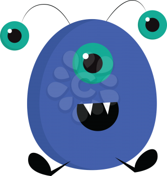 Smiling blue ovak monster with three eyes vector illustration on white background.