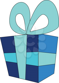 Gift box with dark blue wrap paper and light blue ribbon vector illustration on white background.