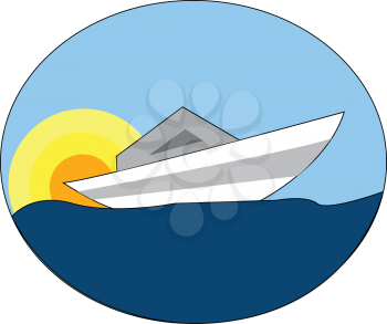 White boat on blue water with a yellow and orange sun in the background vector illustration on white background.