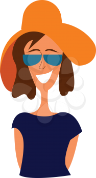 Portrait of a girl in blue shirt with big brown hat and sunglasses vector illustration on white background.