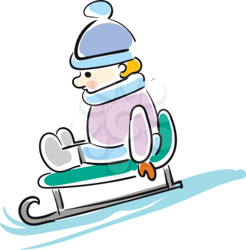 Cartoon boy on sled vector illustration on white background.