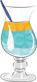 Coctail glass with blue and yellow coctail and blue straw vector illustration on white background.