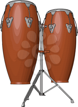 Conga drum shells are made of wood or fiberglass Rims lugs nuts and bolts etc are made up of metal and heads are made from rawhide skin or synthetic materials vector color drawing or illustration
