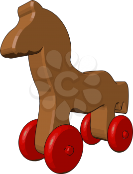 Brown colored toy horse having four red wheels can be easily moved by child for amusement vector color drawing or illustration