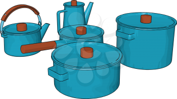 Five blue colored kitchen utensils used for keeping eatables for short duration after preparing food vector color drawing or illustration