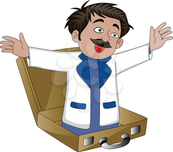 Vector illustration of businessman popping out from an open briefcase.