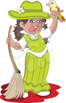 Vector illustration of happy girl holding a broom and bird.