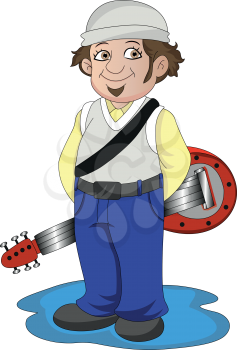 Vector illustration of a smiling man holding guitar on his back.