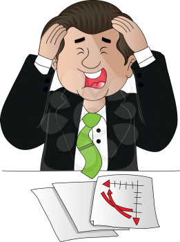 Vector illustration of troubled businessman with head in hands, paperwork on desk.