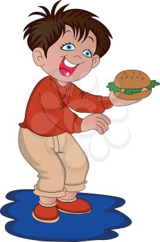 Vector illustration of happy boy holding burger.