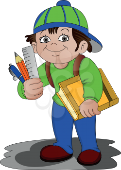 Vector illustration of schoolkid holding book and other school accessories.
