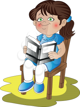 Vector illustration of a girl holding textbook on chair.