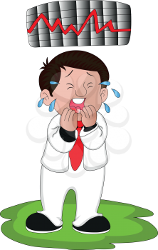 Vector illustration of crying businessman with graph of stock market crash.