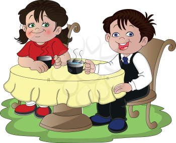 Vector illustration of happy young couple at coffee shop.