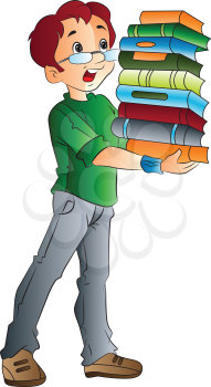 Young Man Carrying a Pile of Books, vector illustration