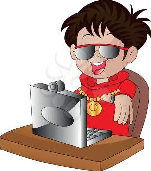 Vector illustration of a man giving thumbs up while using computer at office.
